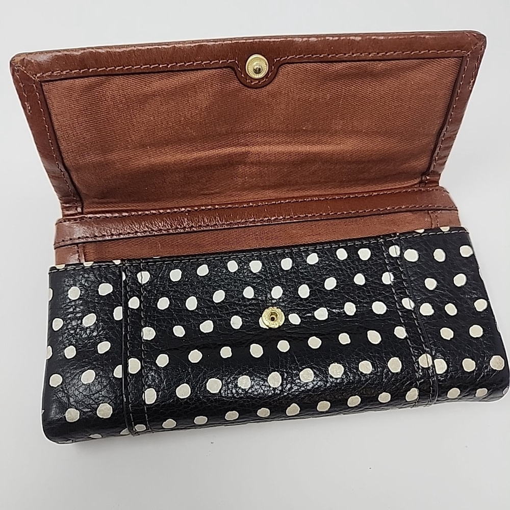 Fossil Vintage Wallet Sydney Brown Leather Retro Black White Polka Dot Trifold - Picture 4 of 16